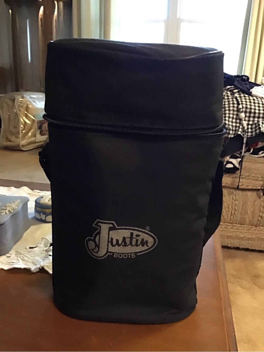 Justin Boots stainless thermos and cup in bag